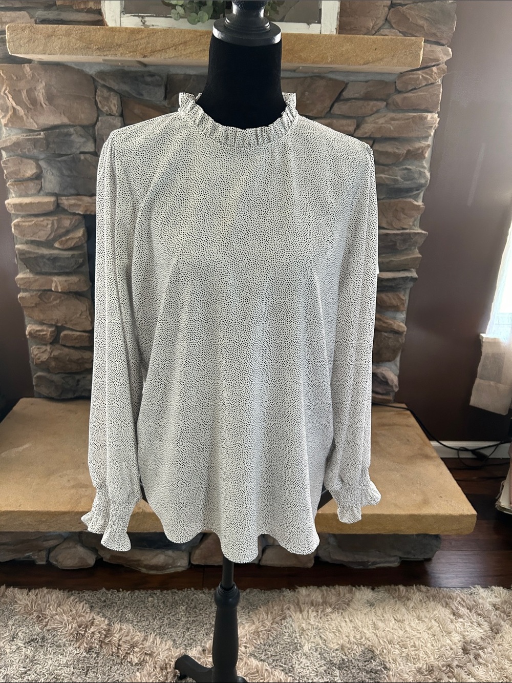 Ruffle-Neck Long Sleeve Blouse in White/Black Dot